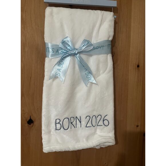 Other - Logan & Lilly Born in 2026 White Baby Blanket with Blue Embroidery 30"x40" NWT